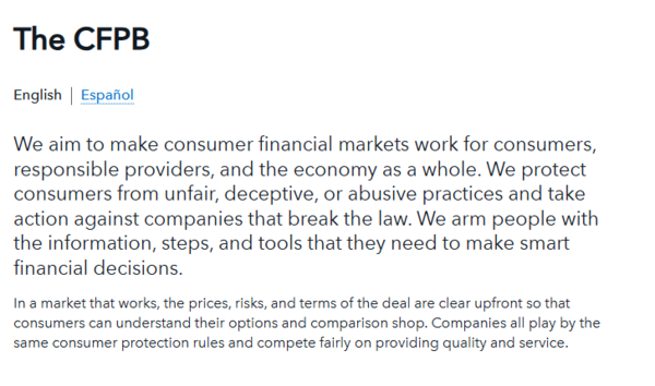 CFPB는 공정·투명·합리적인 경제거래가 이루어질 수 있도록 소비자를 보호하고 위법적 기업에 제재를 가하는 미션을 지향하고 있다. / CFPB홈페이지