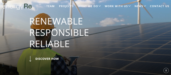   구글과 600MW 태양광 에너지 공급 계약을 체결한 에너지알이의 홈페이지.