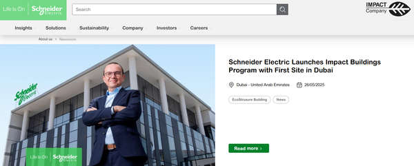  두바이에 처음으로 오픈한 임팩트 빌딩 뉴스가 실린 슈나이더 일렉트릭의 홈페이지.