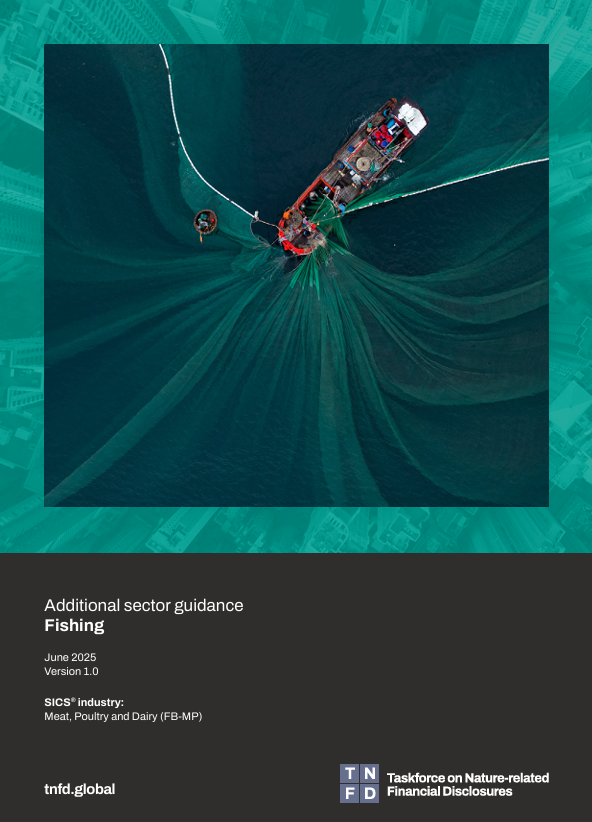  TNFD의 해양관련 업종 최종 지침에서 어업 관련 지침의 표지./홈페이지.