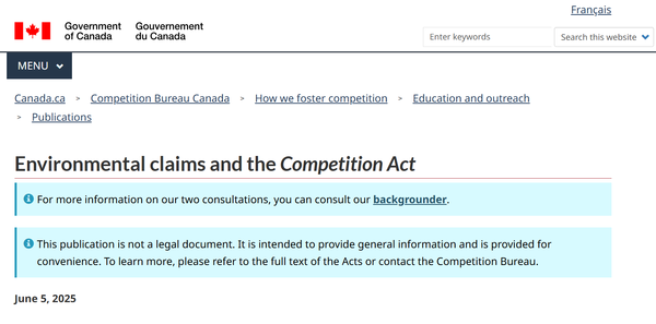  캐나다의 경쟁국이 공개한 환경 청구 지침서./홈페이지.