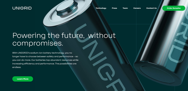 미국의 나트륨 배터리 스타트업 유니그리드의 홈페이지.