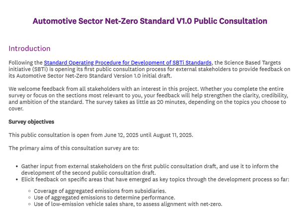  SBTi의 자동차 부분 탄소중립 기준 개정에 대한 대중들의 피드백을 60일간 접수하고 있다.