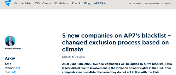  스웨덴의 연기금 AP7이 5개 기업을 블랙리스트에 올리는 내용의 발표를 홈페이지에서 공개했다.