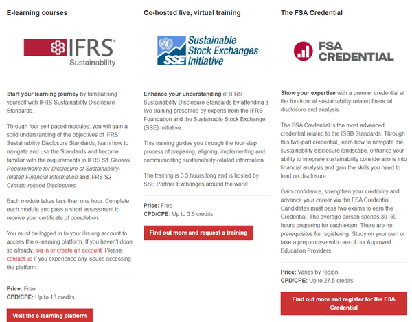 IFRS 재단이 기업 관계자에게 대부분 무료로 제공하는 e러닝 프로그램의 안내 페이지./홈페이지.