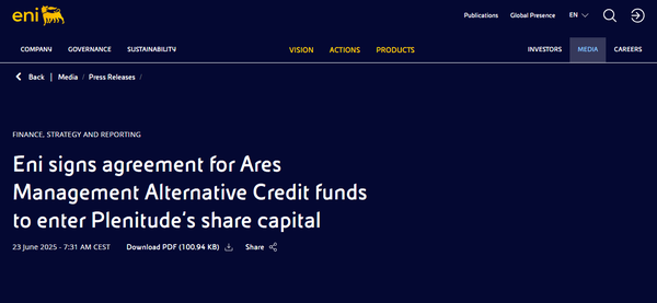  플래니튜드의 지분 매각을 알리는 에니(Eni)의 홈페이지.