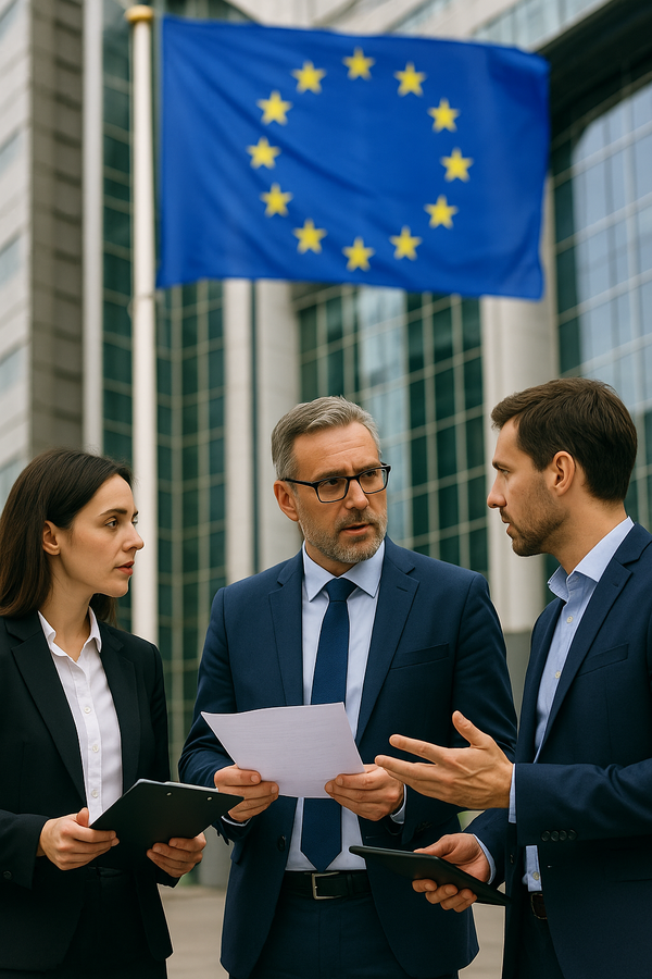 '그린 클레임 지침' 규제법안 도입을 두고 유럽연합 집행위원히, 이사회, 의회가 삼자협의를 진행하는 장면을 상징하는 이미지 / ChatGPT 이미지 생성