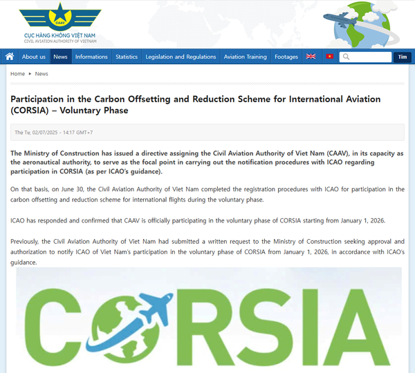 베트남 민간항공청(CAAV)가 국제항공탄소상쇄감축제도(CORSIA)에의 가입을 홈페이지에서 알리고 있다.