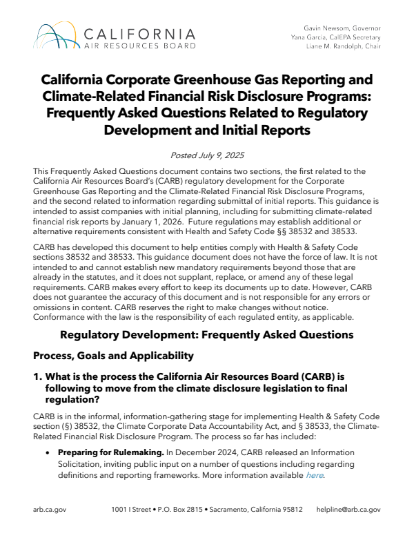  캘리포니아 대기자원위원회(CARB)이 공개한 공시대상기업을 위한 FAQ 모음집의 표지.