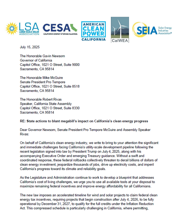 태양광 및 풍력 연합 단체 5곳이 캘리포니아 주정부에 공개서한을 보내 신속한 지원을 요청했다./태양광 산업 협회