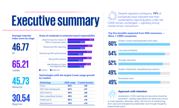 ESG 보증 성숙도 관련 수치 요약본. 전체 기업 평균 ESG 성숙도는 46.77점으로 나타났다. / 이미지 출처 KPMG 보고서