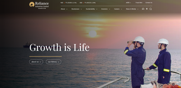  인도의 대기업 릴라이언스 인더스크리의 홈페이지.
