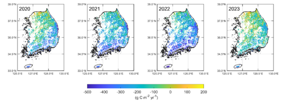 전국 산림의 탄소량 흡수 평가 지도./산림청.