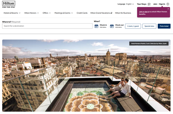 할튼 호텔의 홈페이지.