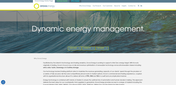 맥쿼리가 인수한 아일랜드의 재생에너지 기업, 에로바 에너지의 홈페이지. 