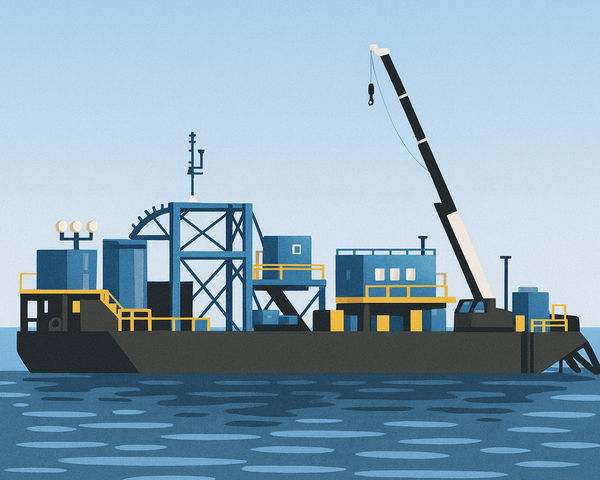 미국산 바지선 마맥 306이 해상풍력 발전기를 육상 전력망에 연결하는 케이블을 매설하는 작업을 착수했다. / ChatGPT 이미지 생성