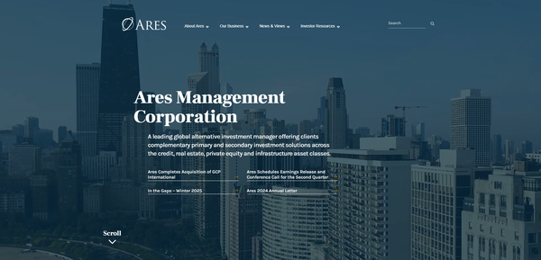  대체 자산운용사 아레스의 홈페이지.