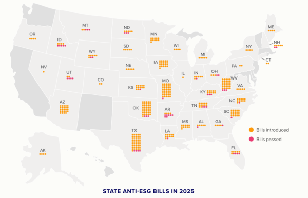 올해 주별 반ESG 법안의 발의 및 통과 현황을 나타낸 지도다. 원은 법안 수를 나타낸다. 주황색은 발의안, 붉은색은 통과된 법안을 의미한다./플레이아데스 스트래티지