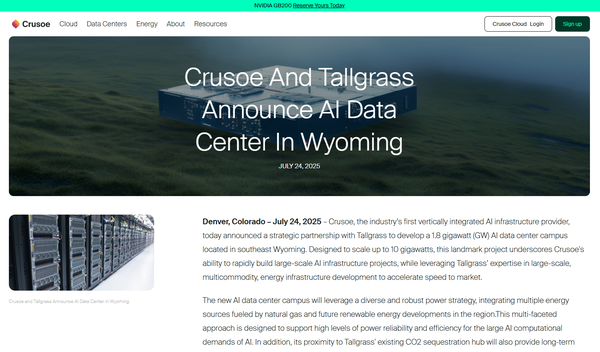  미국 와이오밍 주에 인공지능 데이터센터를 톨그레스와 함께 건설하는 기업, 크루소의 홈페이지.