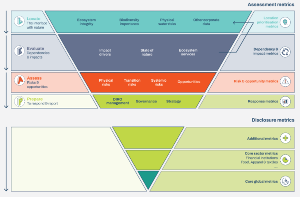 자연 리스크를 식별·평가·공시하기 위한 TNFD의 4단계 접근법과 지표 구성 / TNFD