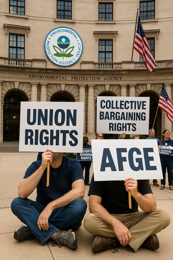 노조원들이 EPA 건물 앞에 앉아 노동자의 교섭권을 인정해달라는 시위를 벌이는 장면을 연상시키는 이미지 / ChatGPT 이미지 생성
