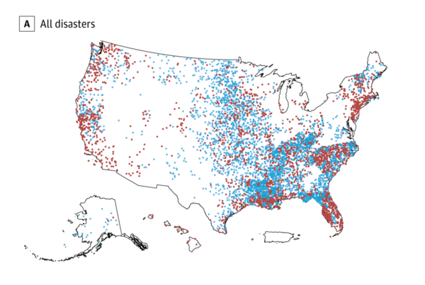 2019~2024년 대통령 재난 선포 지역 (의약품 생산시설 있음: 빨간색, 없음: 파란색) / JAMA