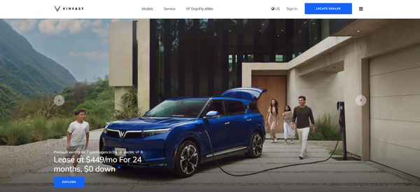  베트남의 전기차 제작사 빈패스트의 영문 홈페이지.