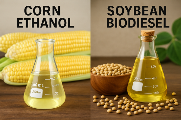 옥수수 기반 에탄올과 대두 기반 바이오디젤의 예시 이미지 / ChatGPT 이미지 생성