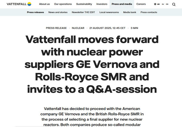  스웨덴 정부가 지분 100%를 보유한 유틸리티 기업 바텐폴의 홈페이지.