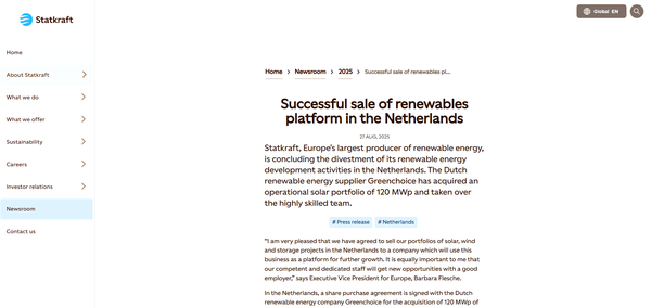  노르웨이의 최대 공기업 스탯크래프트의 네덜란드 재생에너지 사업 매각을 알리는 웹페이지.