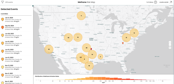 메탄 리스크 지도는 각 누출 지점을 중심으로 오염이 확산되는 범위를 원 형태로 표시해 위험 지역을 직관적으로 보여준다./PSE Healthy Energy