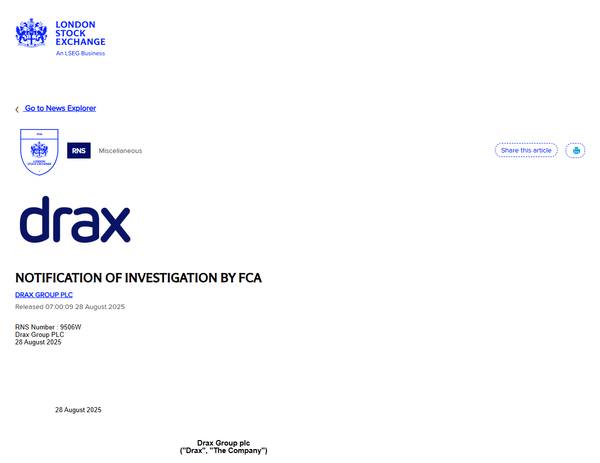  드랙스에 대한 조사 개시 공고문 / FCA