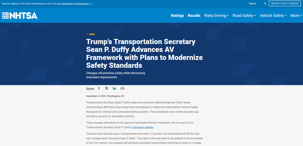  미국 NHTSA의 공식 발표문이 실린 홈페이지.