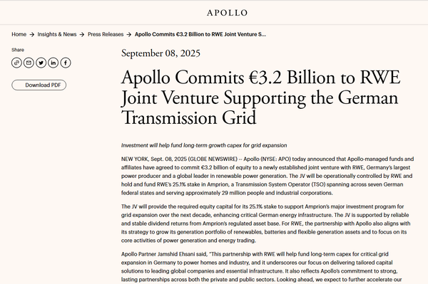  아폴로와 RWE의 합작투자사 설립을 알리는 아폴로의 홈페이지.