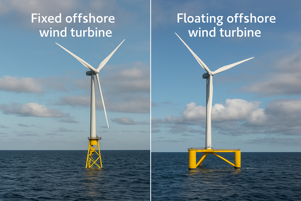 고정식 해상풍력(좌)은 수심 60m 이하 얕은 바다에 설치하며, 구조물을 해저에 고정시키는 방식. 부유식 해상풍력(우)은 수심 60m 이상 심해에도 설치 가능하며, 구조물은 터빈으로 세운 채 체인이나 앵커로 해정에 고정시키는 방식 / ChatGPT 이미지 생성