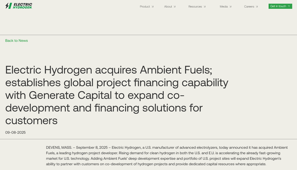 일렉트릭 하이드로전이 앰비언트 퓨얼을 인수한다는 내용의 공식 발표문./홈페이지.