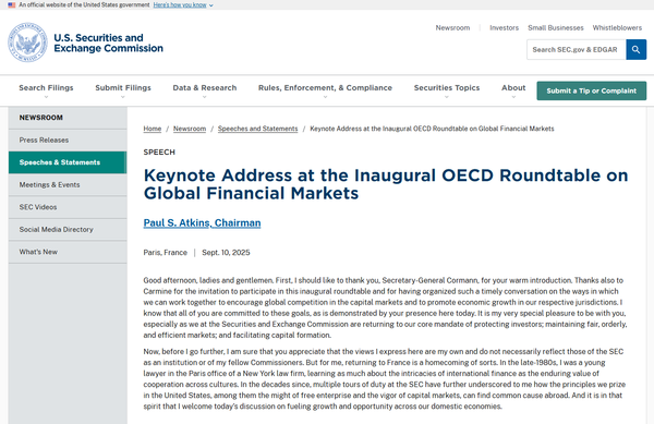  미국 SEC 웹사이트에 실린 SEC 의장의 프랑스 파리에서의 발언 스크립트 전문.