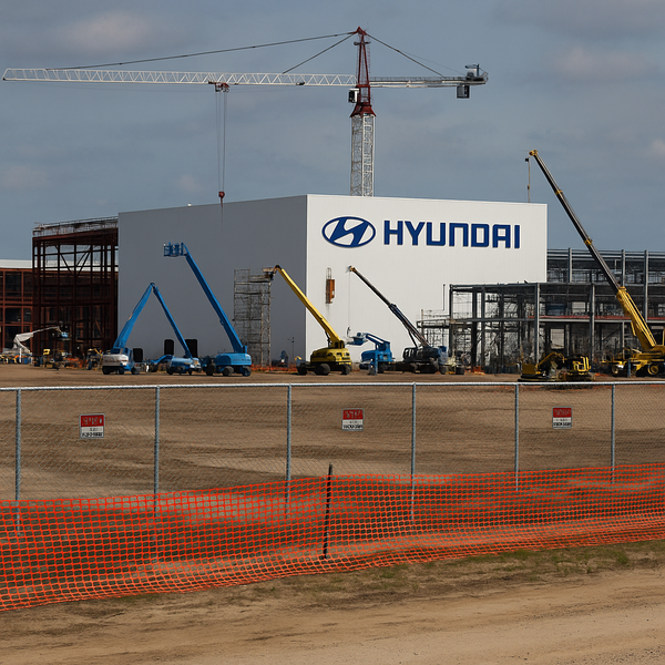근로자 체포로 인해 건설이 중단된 현대차 배터리 공장 건설 현장의 예시 이미지 / ChatGPT 이미지 생성