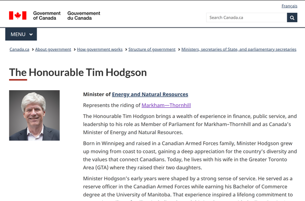  캐나다 정부 웹사이트의 에너지부 팀 호치슨 장관 프로필 코너./홈페이지.
