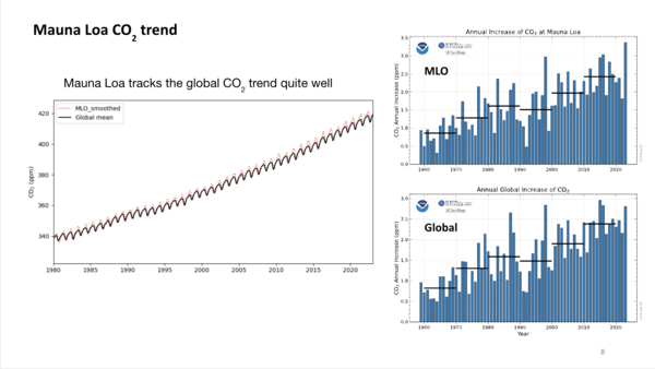 마우나로아 관측소와 전 세계 평균 이산화탄소 농도 증가 추이를 비교한 그래프. 왼쪽 그래프는 1980년 이후 마우나로아(MLO)와 글로벌 평균 탄소 농도의 연속 증가세를 보여주며, 오른쪽 두 그래프는 연도별 탄소 증가량과 10년 단위 평균 증가율(검은색 가로선)을 나타낸다. / 미국해양대기청(NOAA)