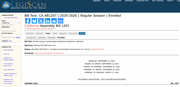  미국 의회의 법안 정보 종합 검색·추적 사이트인 레지스캔에 실린 AB1207 법안. 