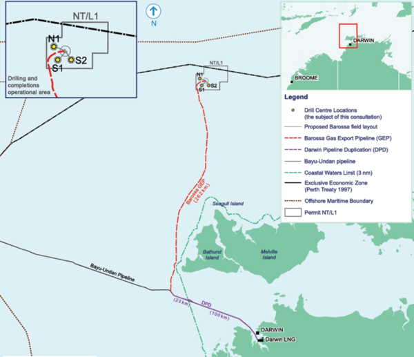 바로사 가스전에서 생산된 천연가스는 다윈 LNG 플랜트에 공급된다./산토스