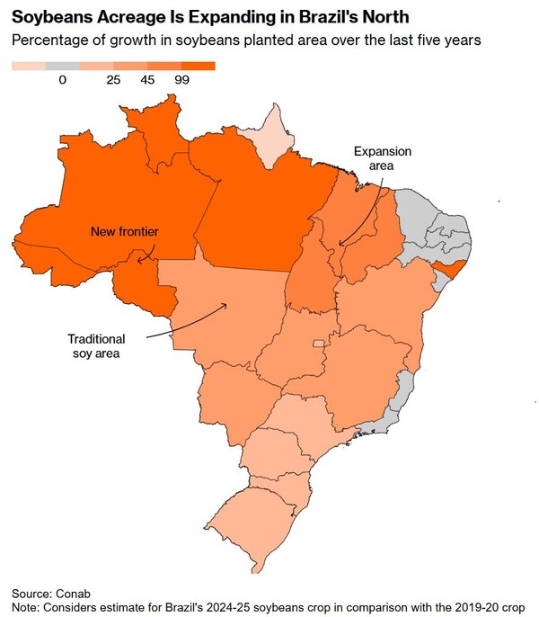 2019-2020년 대비 2024-2025년 브라질 대두 재배 면적 증가율 / 블룸버그 정리