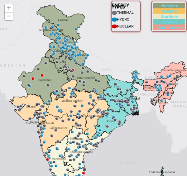인도의 에너지 분포도. 파란 점으로 표현된 수력발전 시설이 북쪽 히말라야 지대에 몰려있음을 확인할 수 있다. / 이미지 출처 인도의 NPP(National Power Portal)