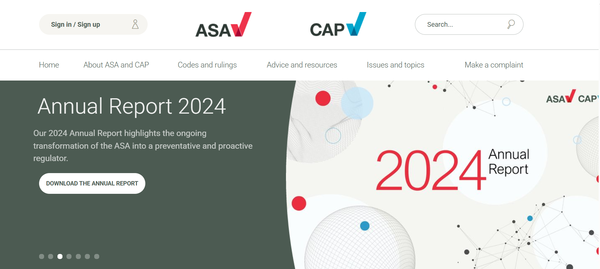  영국의 광고 규제 당국인 ASA의 홈페이지.