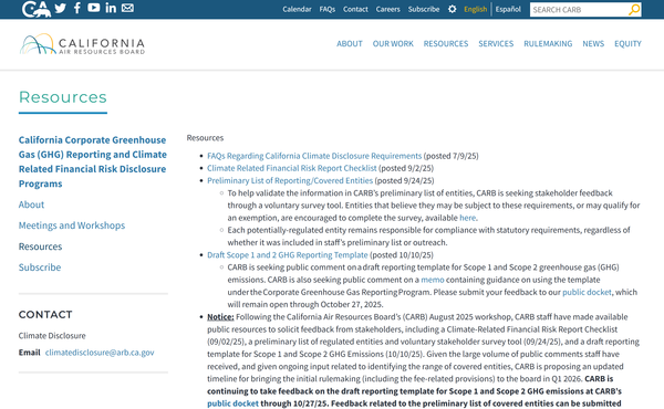  미국 캘리포니아대기자원위원회(CARB)의 웹사이트에 실린 공지문/CARB 홈페이지