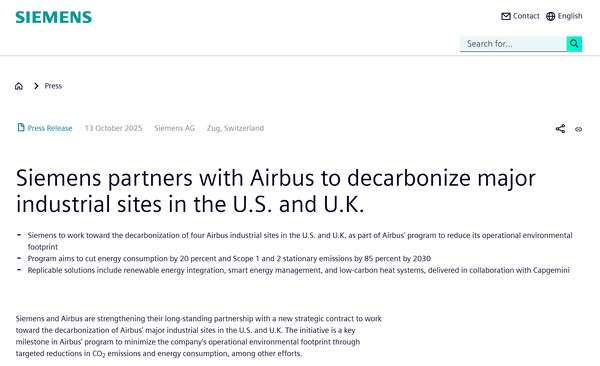  지멘스가 에어버스와 제휴해서 미국과 영국 산업 현장 탈탄소화 추진을 발표한 홈페이지.
