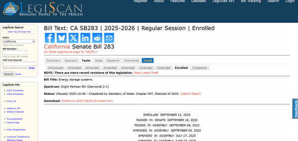  캘리포니아 주지사가 서명한 법안 SB 283/LEGISCAN 웹페이지