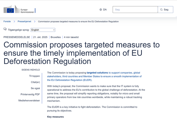  EUDR 관한 공지가 실린 유럽연합 집행위원회(EC)의 홈페이지.