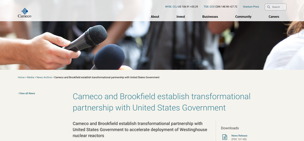  우라늄 연료 공급업체 카메코의 홈페이지.